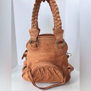 TREESJE Tan Leather Pocket Flap Bucket Satchel Shoulder Bag boho Purse